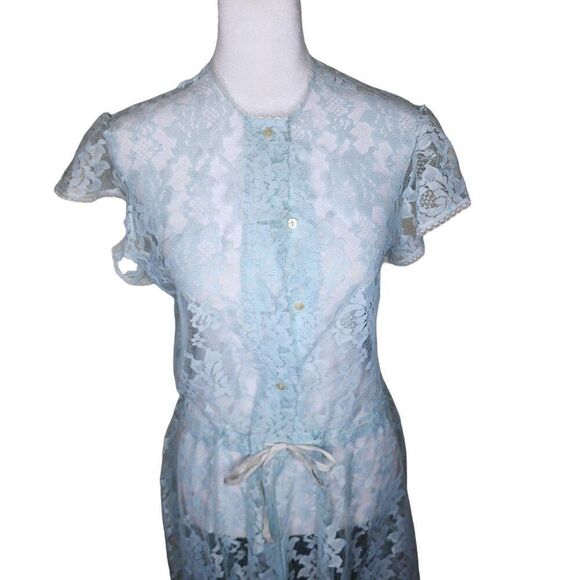 Vintage 80s Gunne Sax Lingerie Lace Long Robe Womens M Blue - Picture 2 of 6